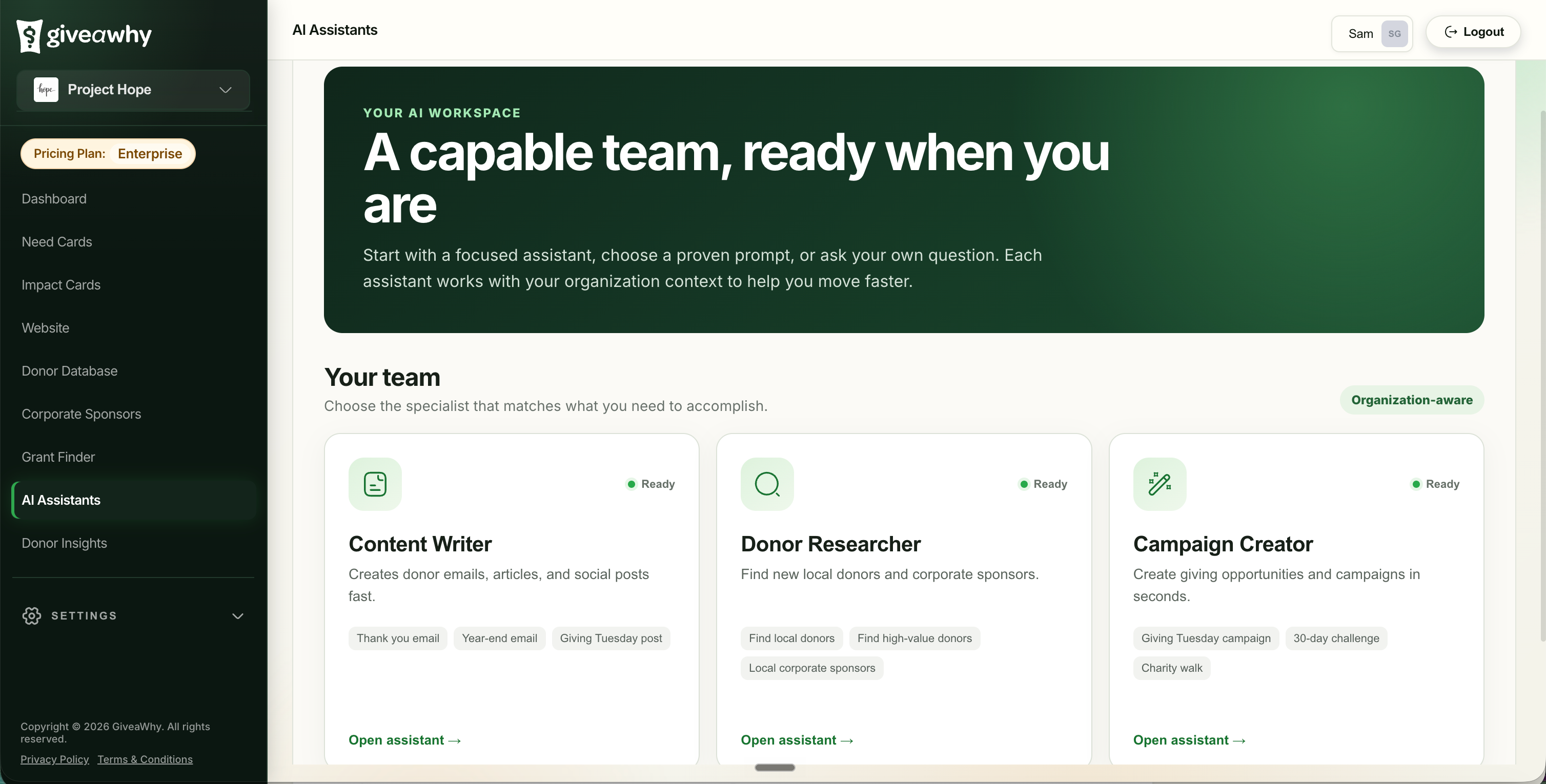 GiveaWhy AI Assistants: Content Writer, Donor Researcher, Campaign Creator