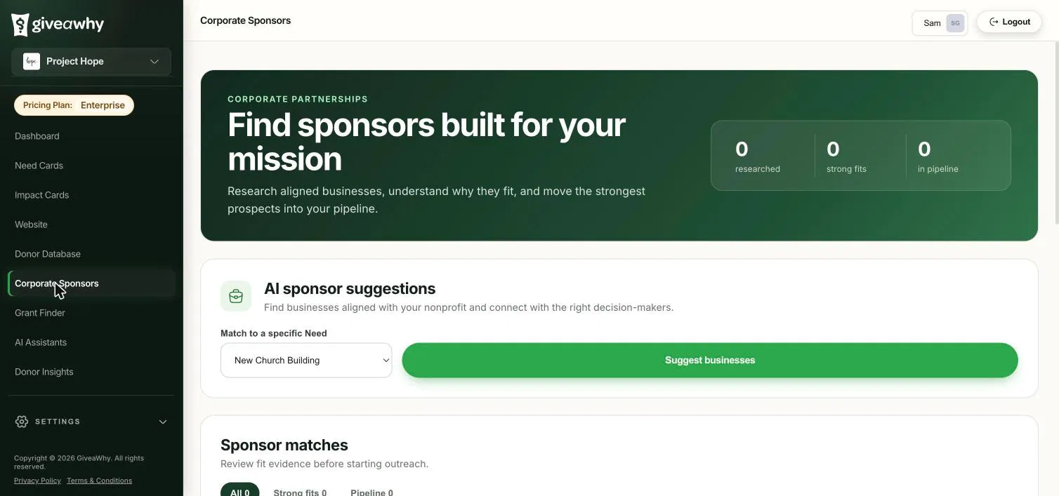 GiveaWhy Corporate Sponsors: sponsor match cards