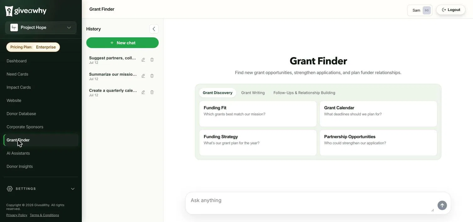GiveaWhy Grant Finder: discovery, writing, and follow-ups