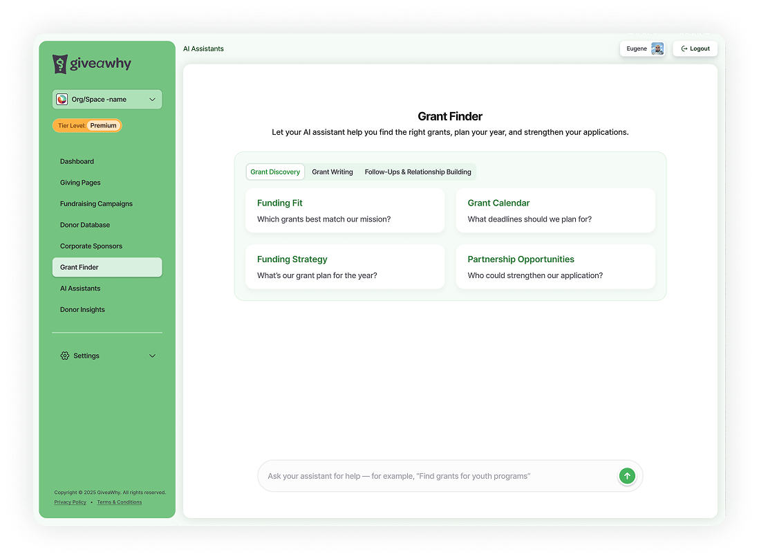GiveaWhy Grant Finder command center