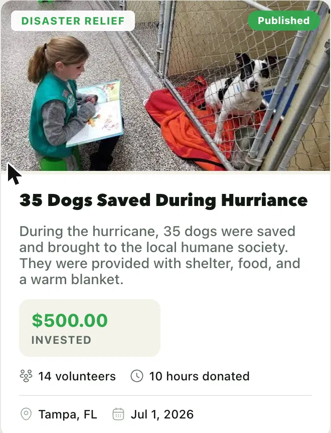 Impact Card: 35 Dogs Saved with dollars invested and volunteers