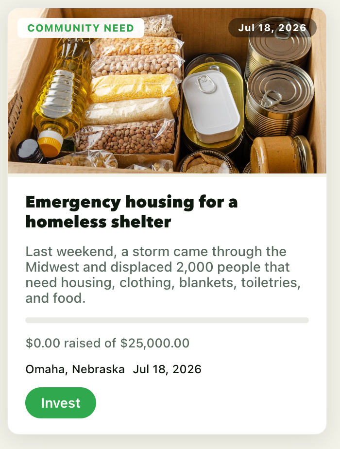 Need Card: Emergency housing for a homeless shelter