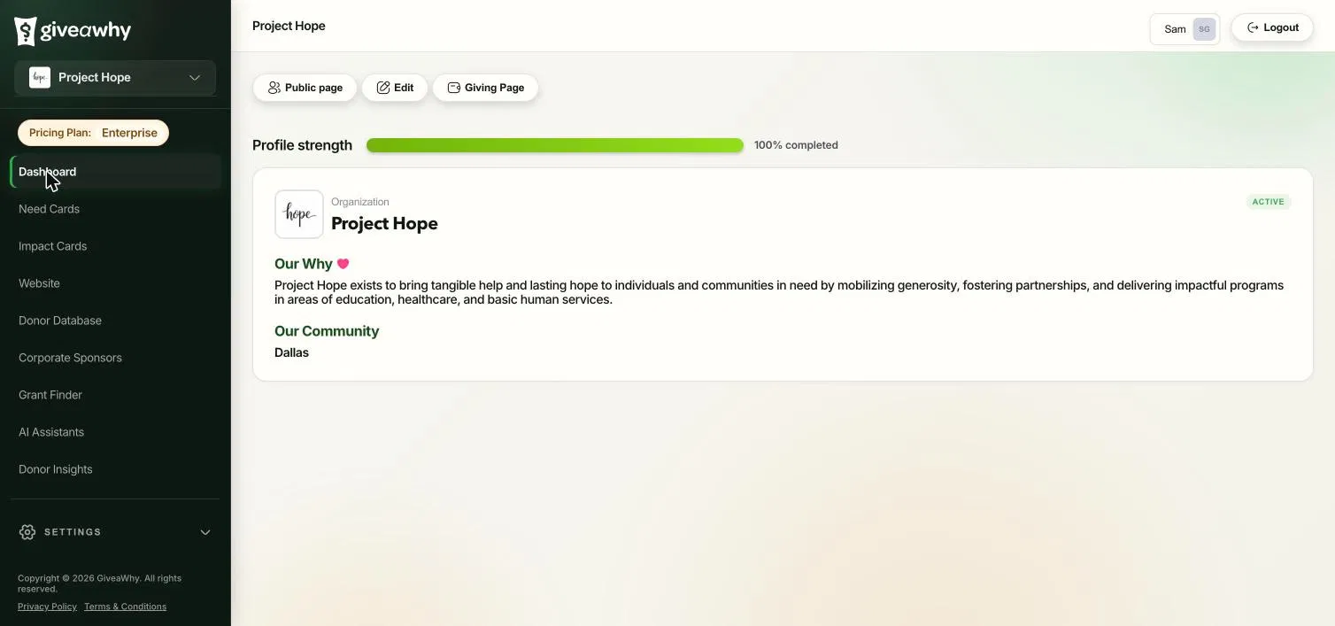 GiveaWhy dashboard: Project Hope profile with profile strength